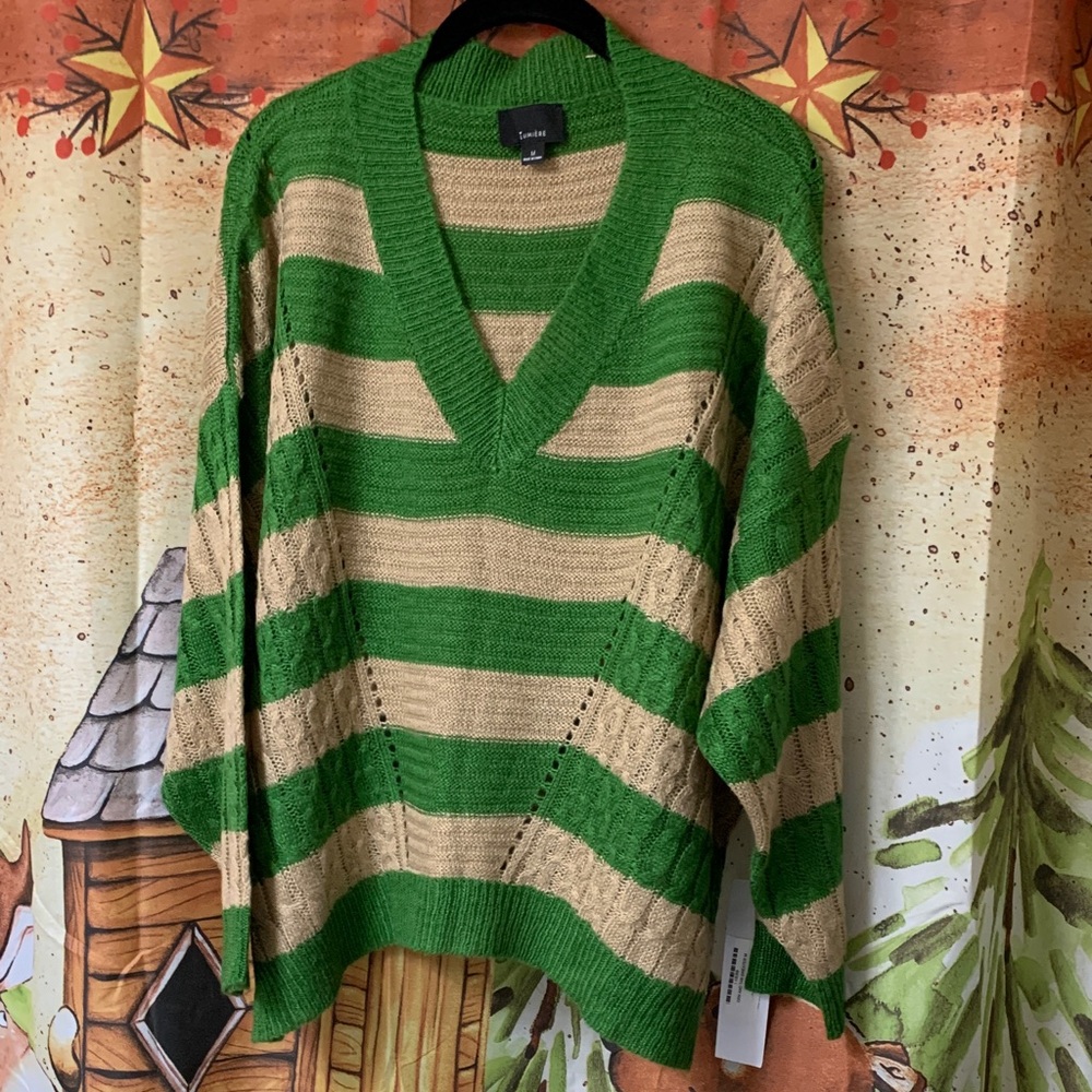 Lumiere Green and Tan Striped V-Neck Sweater